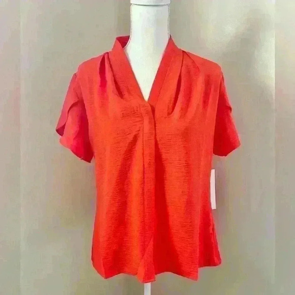 Calvin Klein Orange Flutter Sleeve V Neck Short Sleeve Blouse - Picture 1 of 4